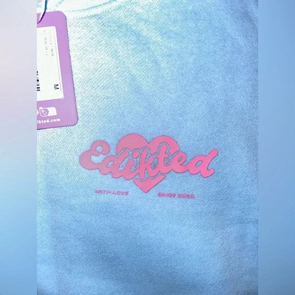 Edikted Light Blue Hoodie with Pink Heart Script Front Back - NWT Medium - Picture 3 of 5